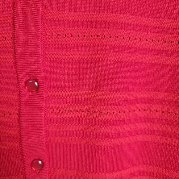 Cable & Gauge Red Pointelle Knit Ribbed Button Front Cardigan Sweater - Small - Picture 3 of 7